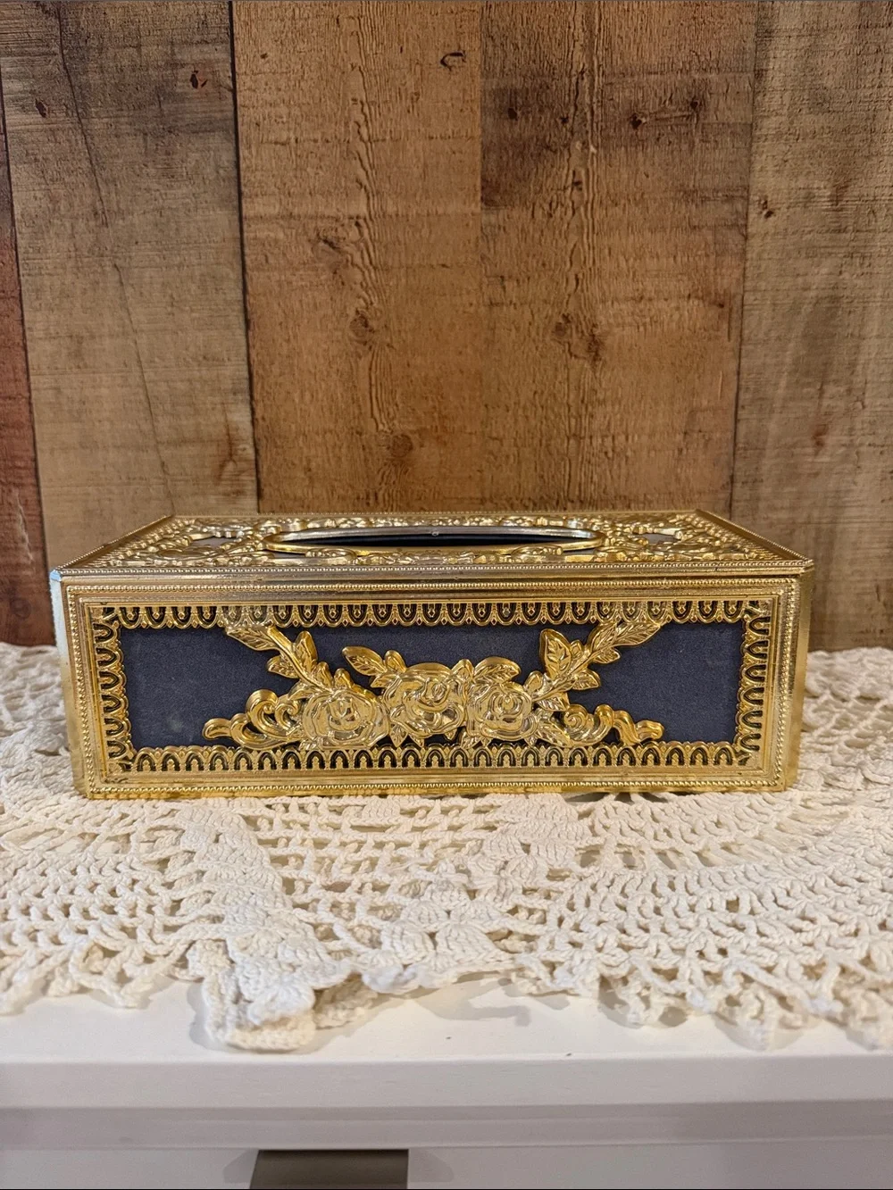 Vtg Hollywood Regency Style Gold Tone Filligree Flocked Blue Tissue Box Cover